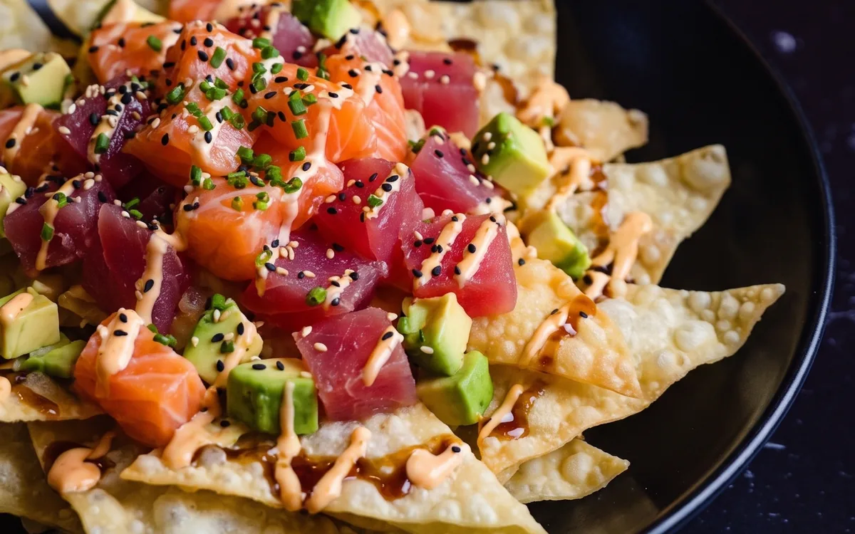 Japo Nachos Mixto: wan tun crujiente, salmón y atún, guacamole de edamame y unagi