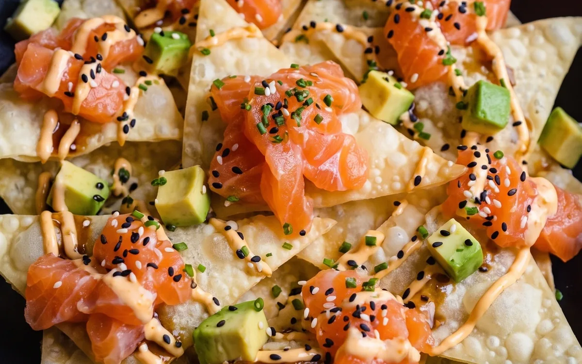 Japo Nachos Salmón: wan tun crujiente, salmón, guacamole de edamame y salsa unagi