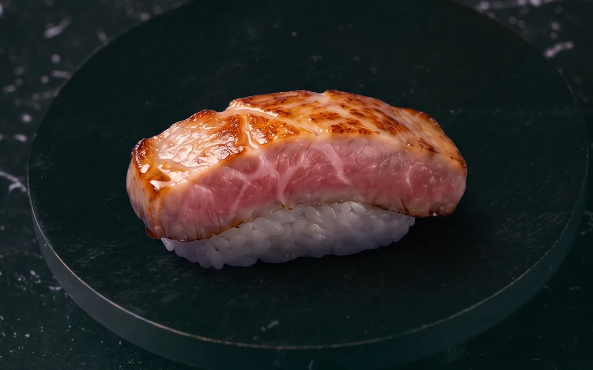 Nigiri de pluma ibérica: pluma ibérica marcada sobre arroz con teriyaki