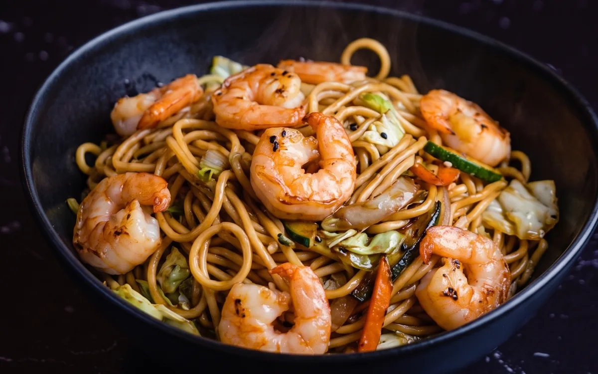 Yakisoba de gambón: fideos salteados con gambón, verduras y salsa yakisoba