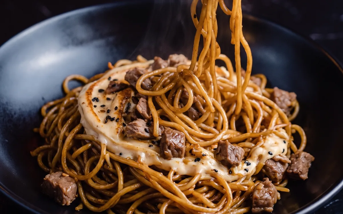 Yakisoba de pluma: fideos salteados con pluma ibérica, verduras y salsa yakisoba