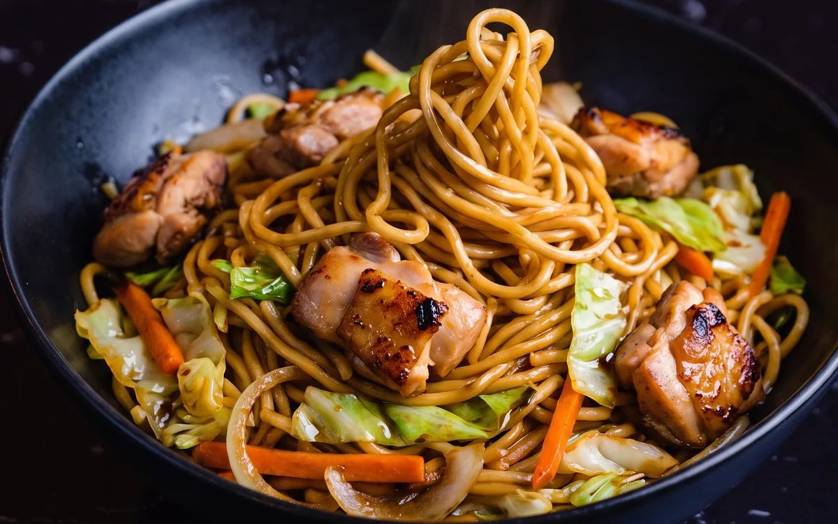 Yakisoba de pollo: fideos salteados con pollo, verduras y salsa yakisoba
