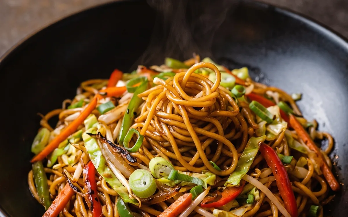 Yakisoba de verduras: fideos salteados con verduras de temporada y salsa yakisoba